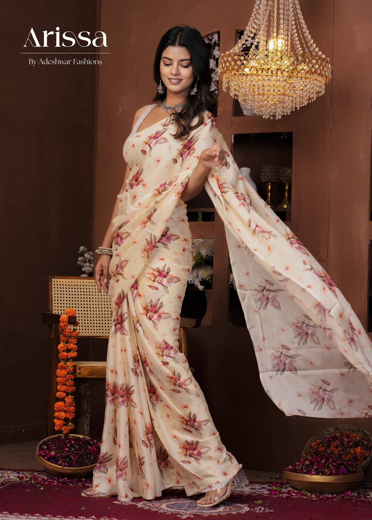 Aahana Off-white Rose Pure Chinnon Saree