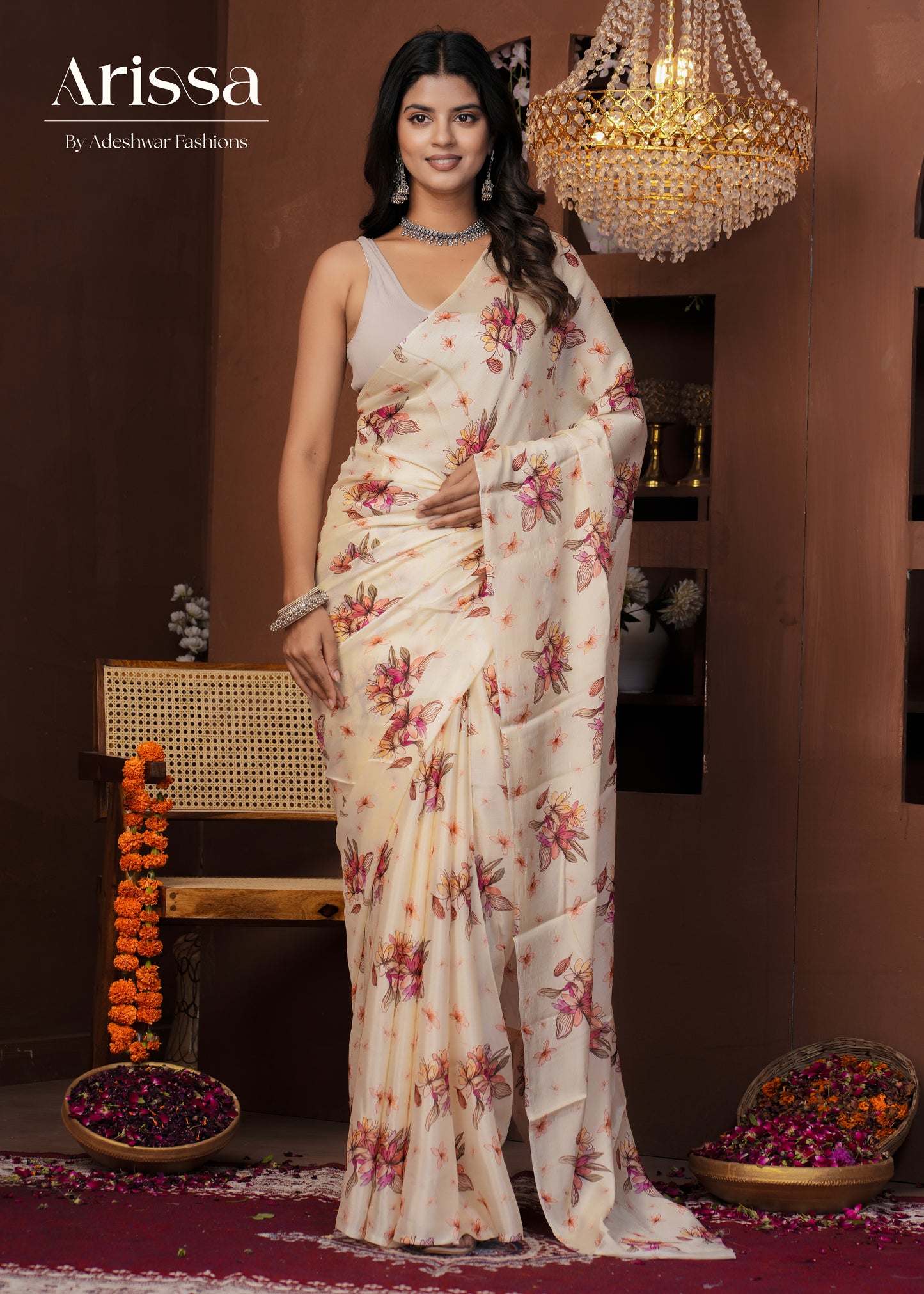 Aahana Off-white Rose Pure Chinnon Saree
