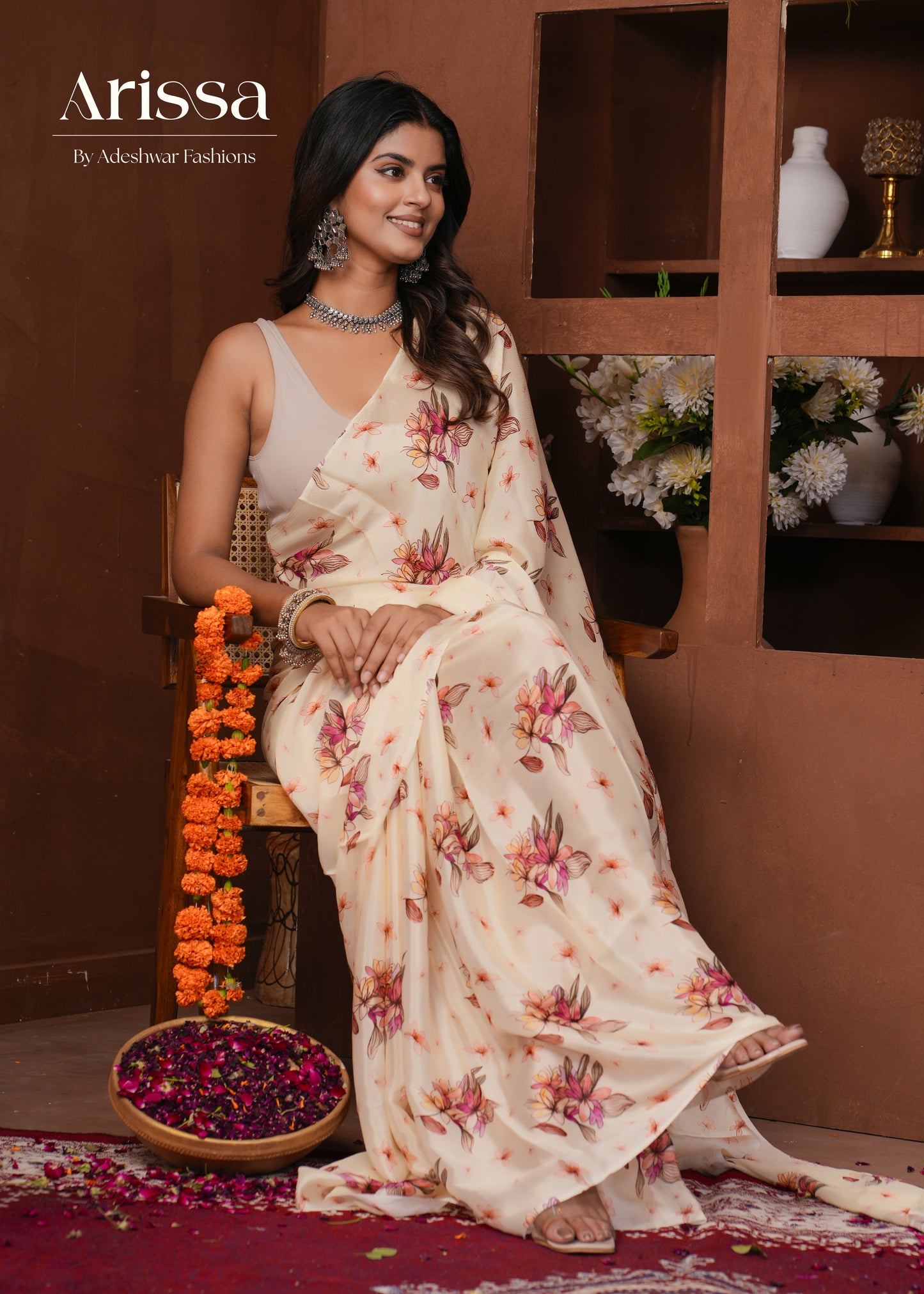 Aahana Off-white Rose Pure Chinnon Saree