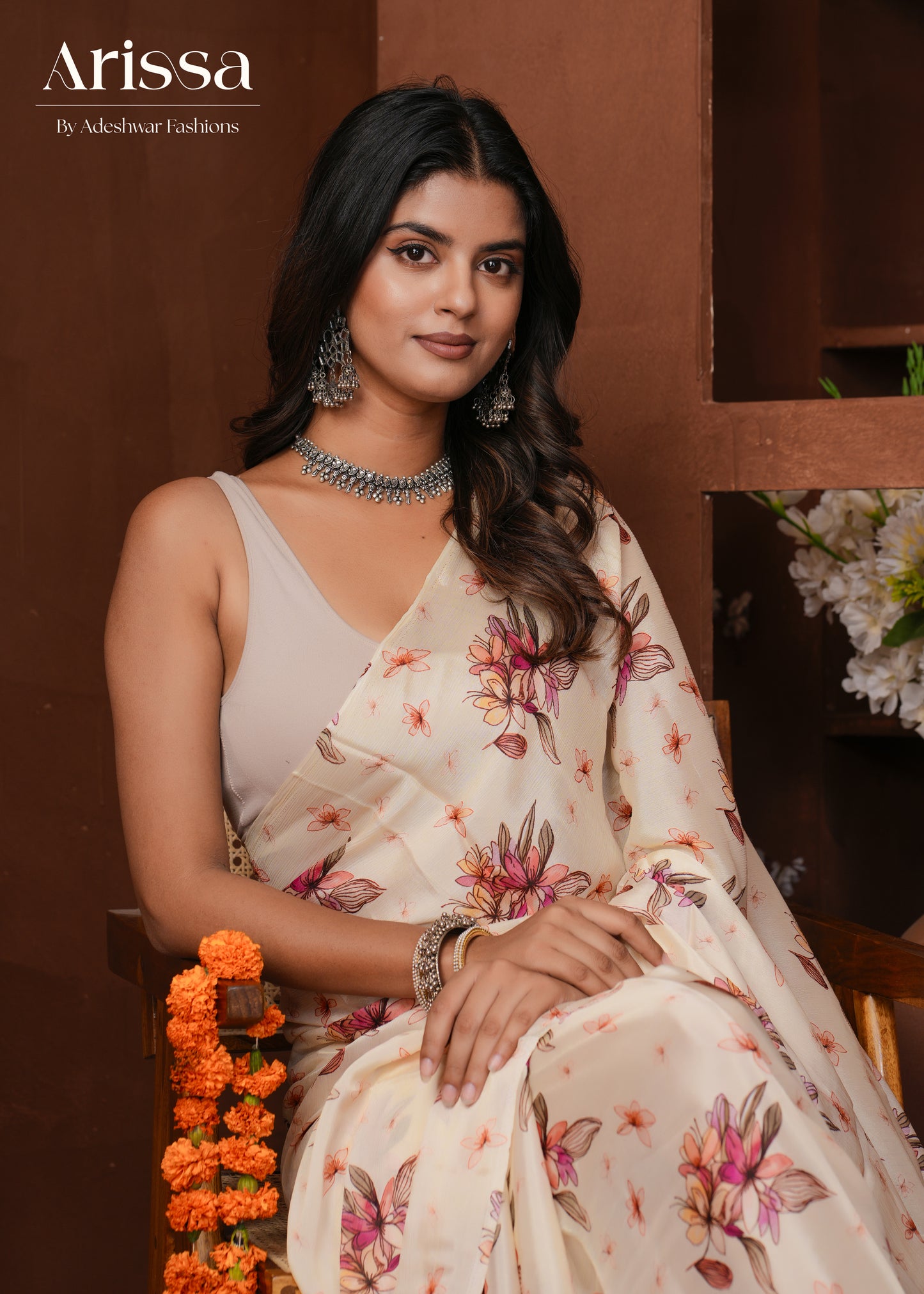 Aahana Off-white Rose Pure Chinnon Saree
