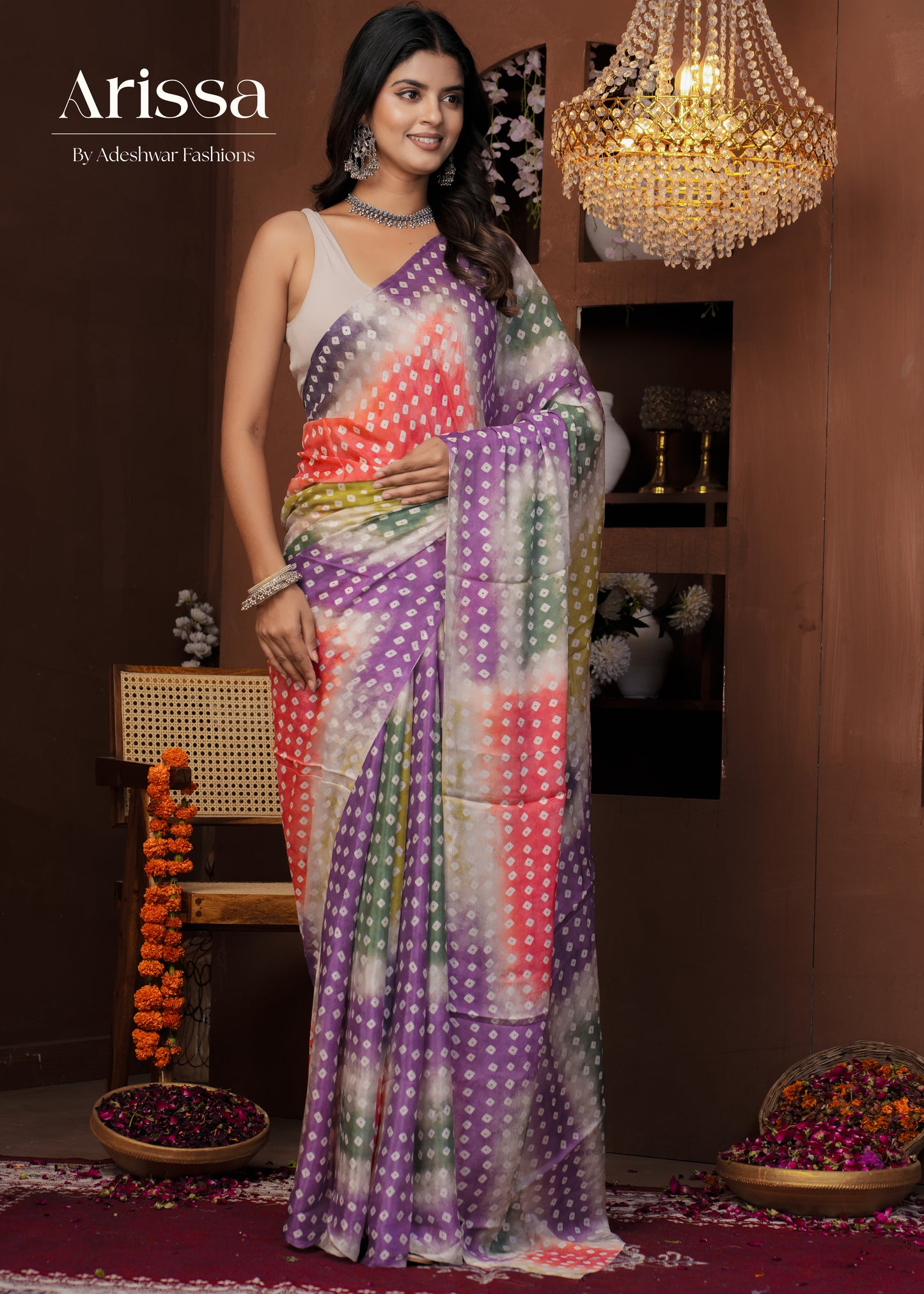 Aahana Bandhani Pure Chinnon Saree