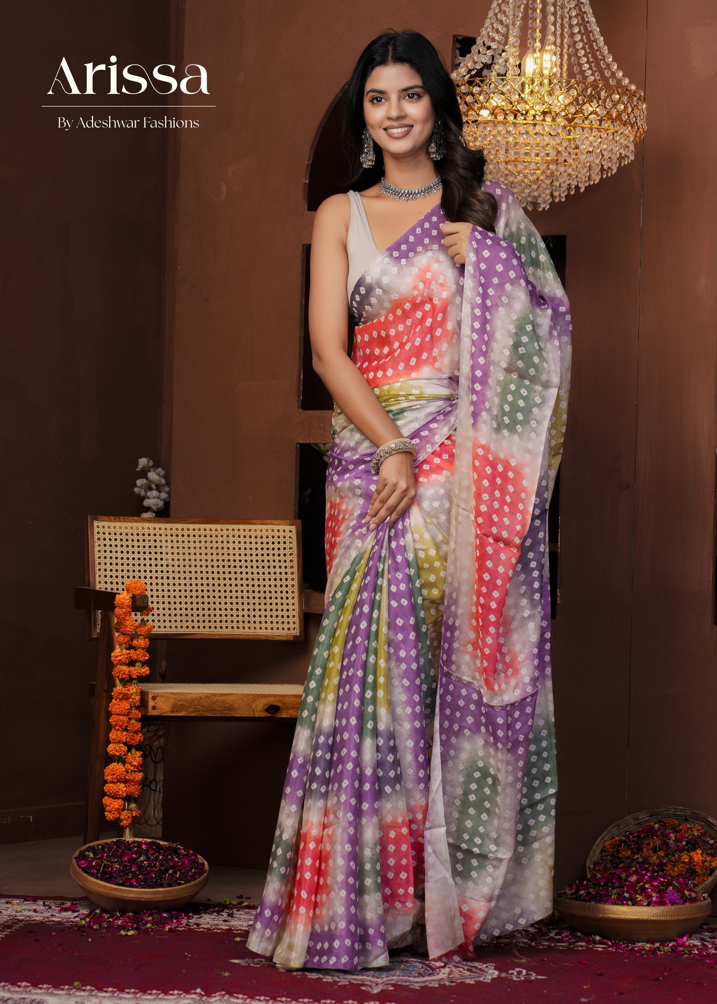 Aahana Bandhani Pure Chinnon Saree