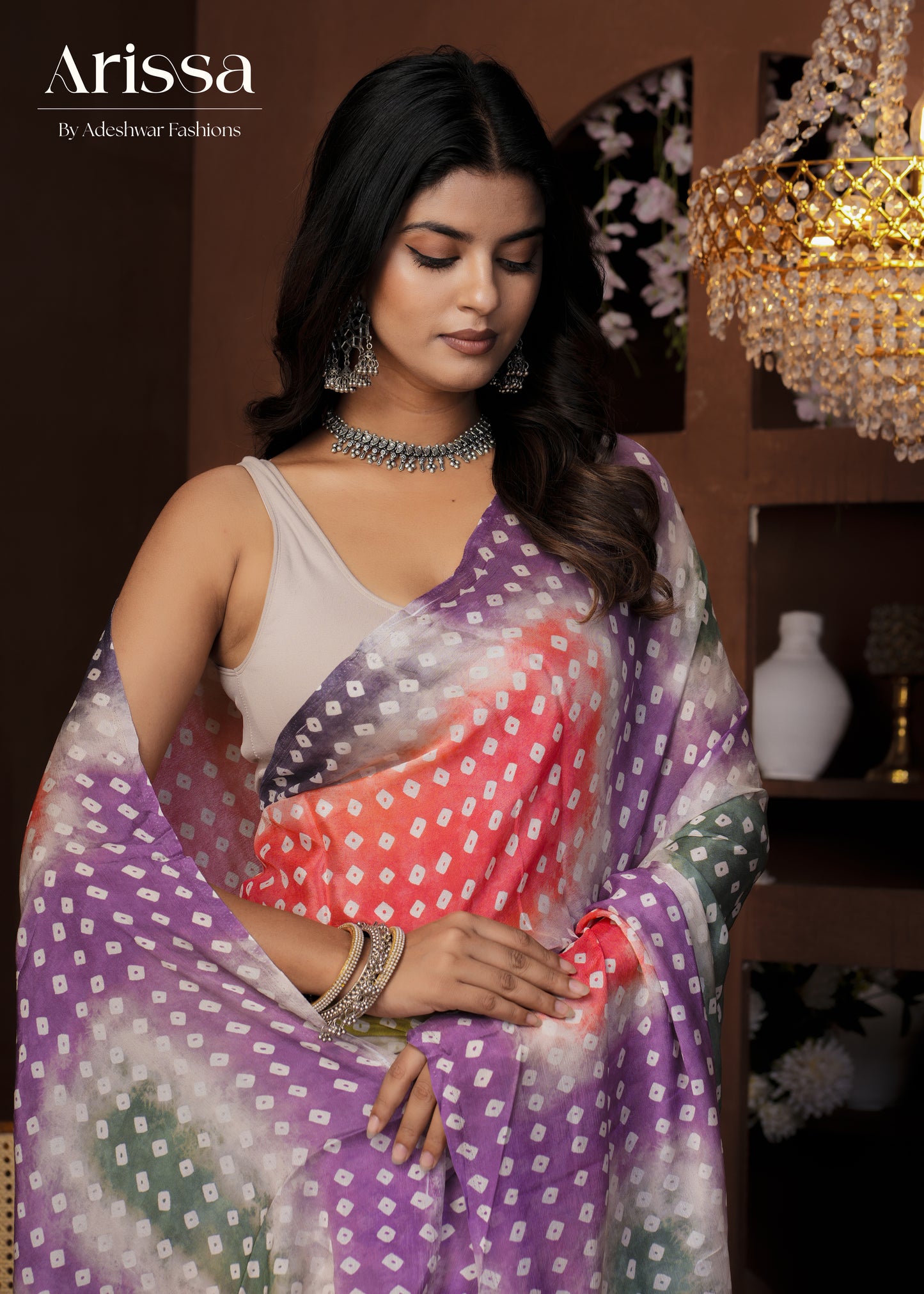 Aahana Bandhani Pure Chinnon Saree