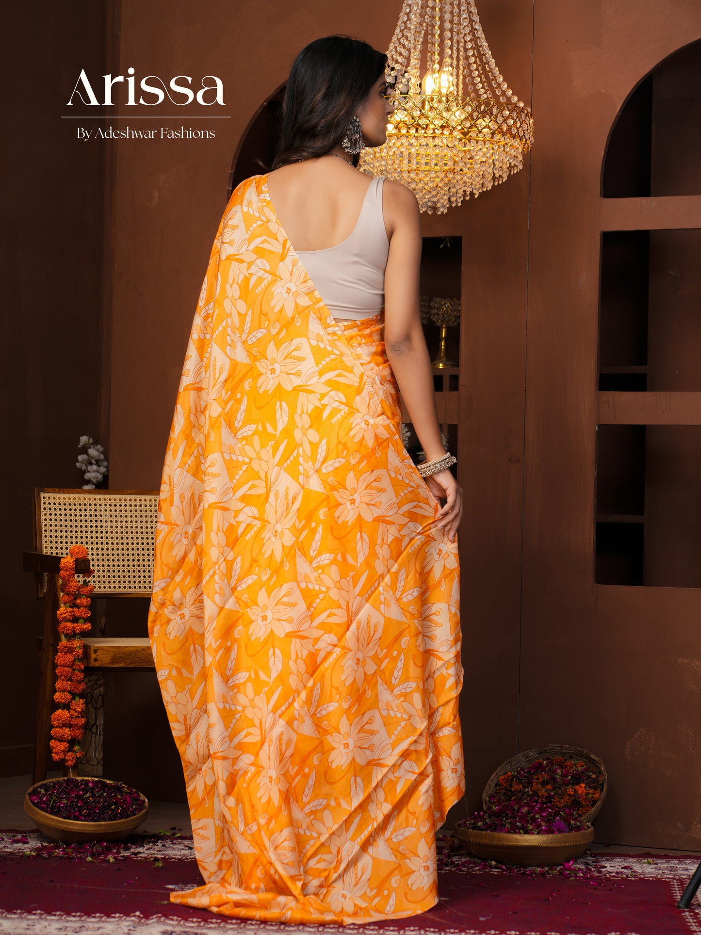 Aahana Saffron Pure Chinnon Saree