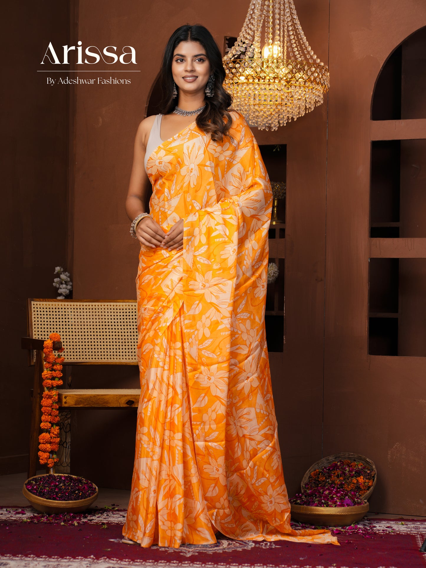 Aahana Saffron Pure Chinnon Saree