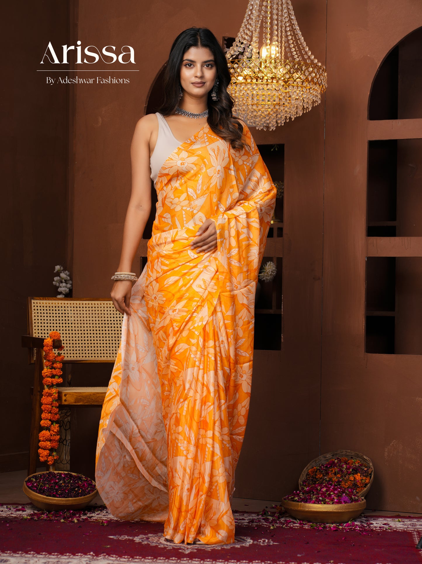 Aahana Saffron Pure Chinnon Saree