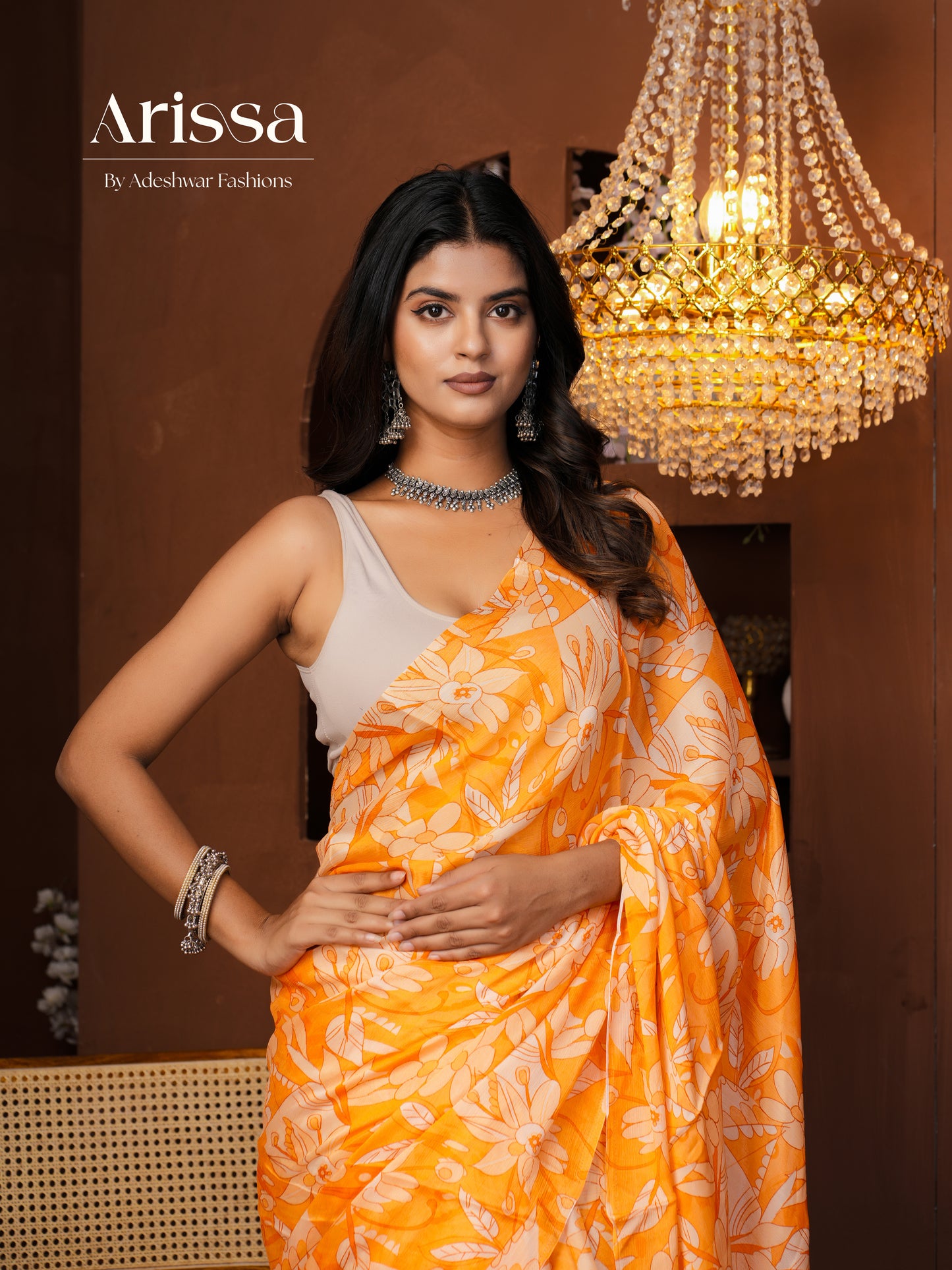 Aahana Saffron Pure Chinnon Saree