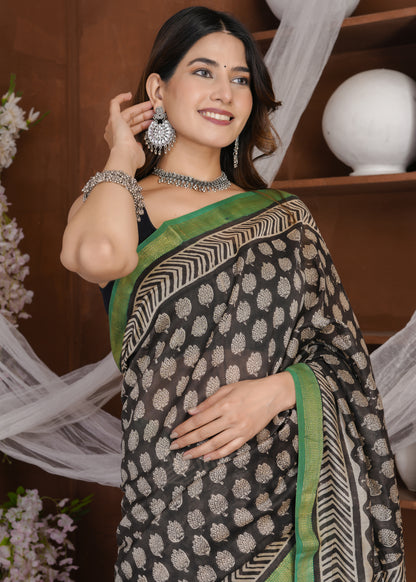 Anika: Black Green Bagru Maheshwari Silk Cotton Saree