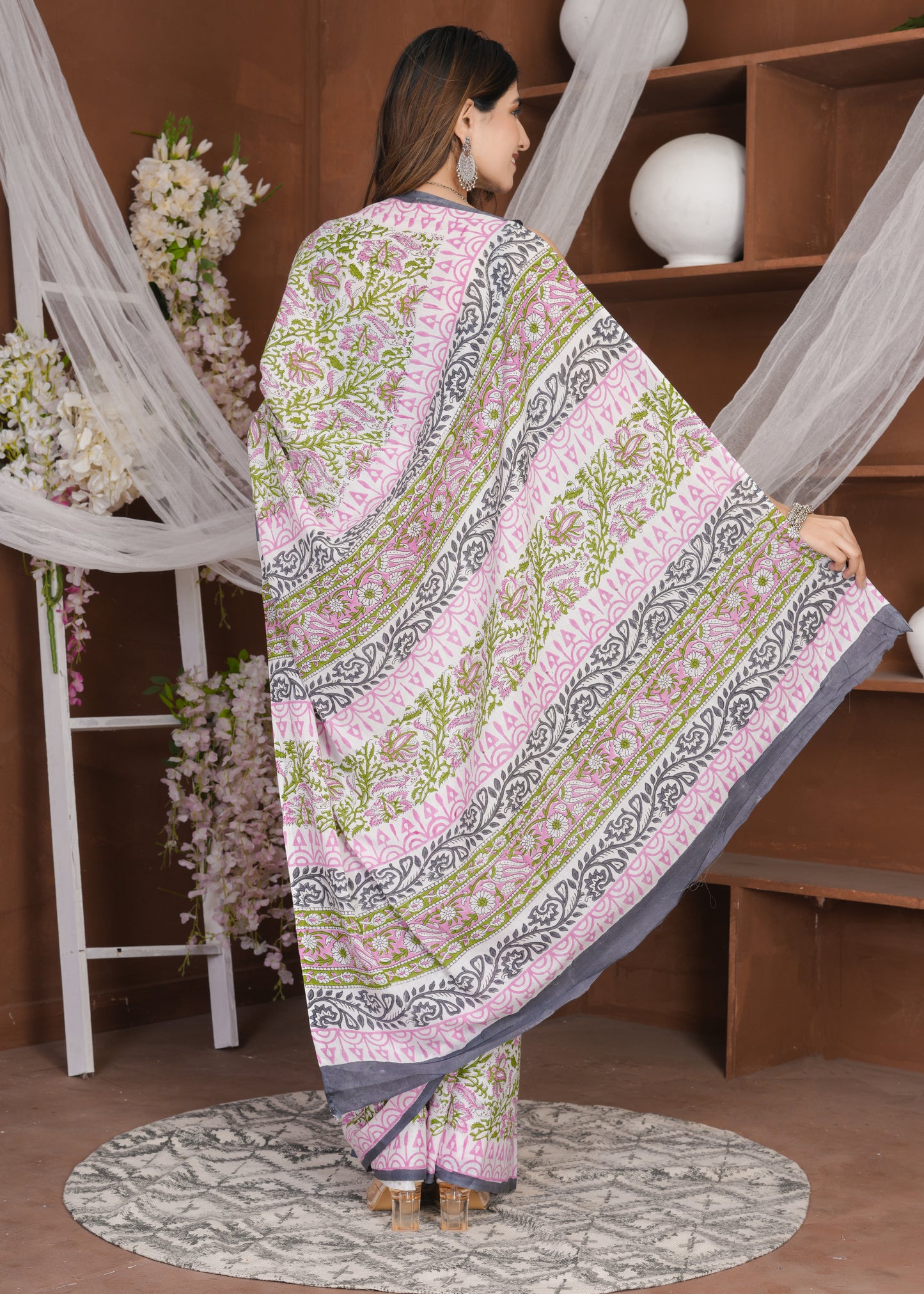 Green Pink Rapid Pure Mul Cotton Saree