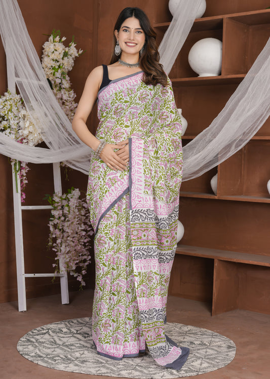 Green Pink Rapid Pure Mul Cotton Saree
