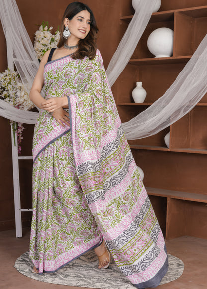 Green Pink Rapid Pure Mul Cotton Saree