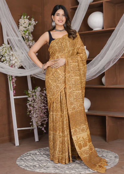 Sonera: Mustard Yellow Ajrak Pure Mul Cotton Saree