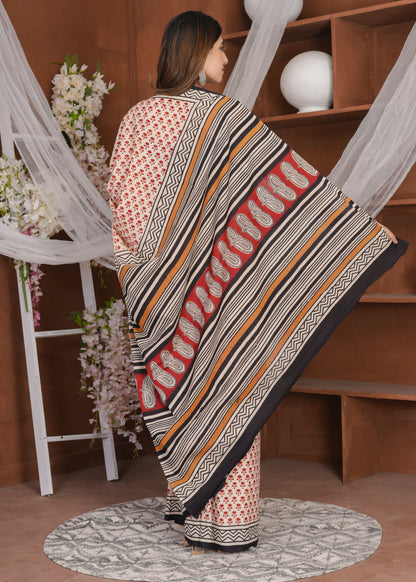 Red Offwhite Bagru Pure Mul Cotton Saree