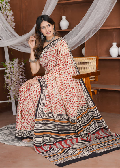 Red Offwhite Bagru Pure Mul Cotton Saree