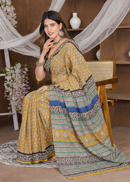 Sandhya: Dusty Orange Bagru Pure Mul Cotton Saree