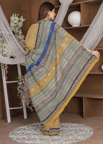 Sandhya: Dusty Orange Bagru Pure Mul Cotton Saree
