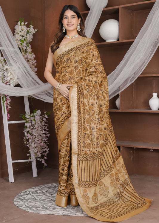 Kanshi: Rust Orange Ajrak Modal Chanderi Saree