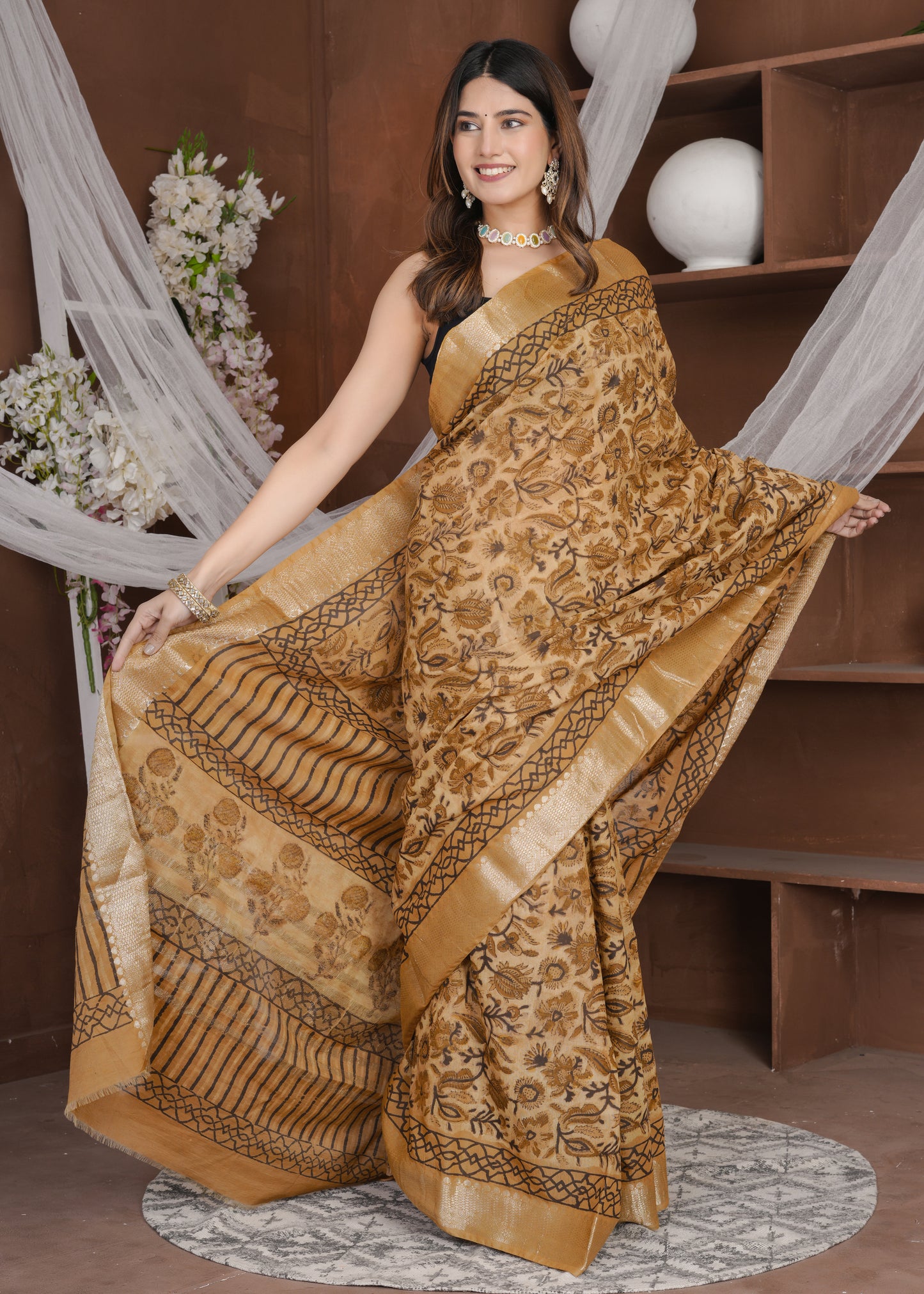 Kanshi: Rust Orange Ajrak Modal Chanderi Saree
