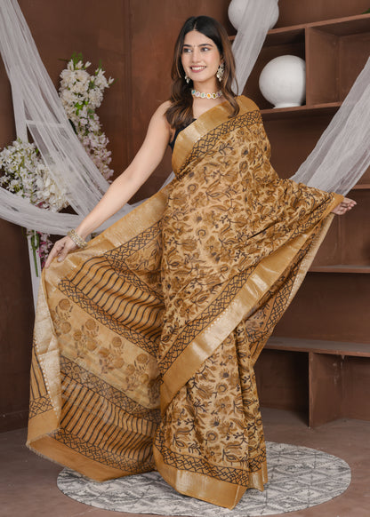 Kanshi: Rust Orange Ajrak Modal Chanderi Saree