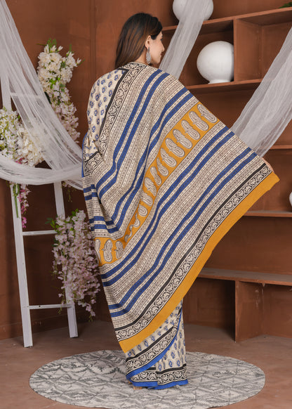 Cream & Chambray Bagru Pure Mul Cotton Saree
