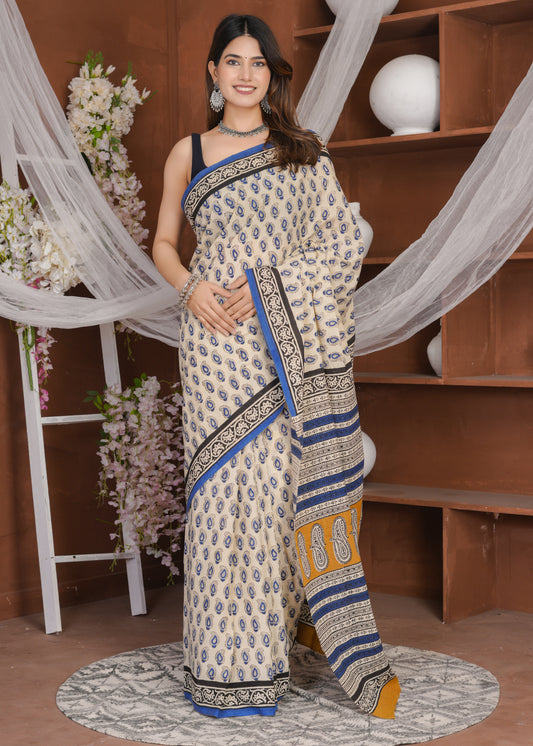Cream & Chambray Bagru Pure Mul Cotton Saree