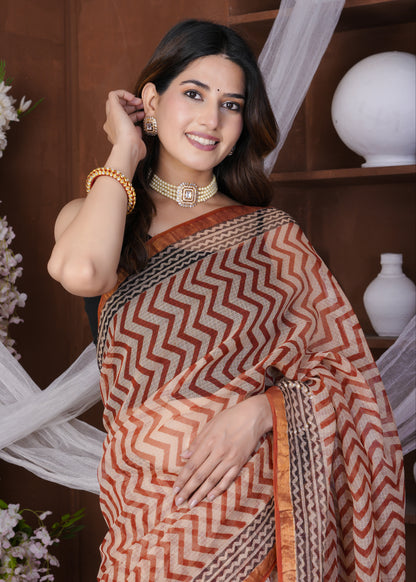 Stria: Falu Red Dabu Print Kota Doria Saree