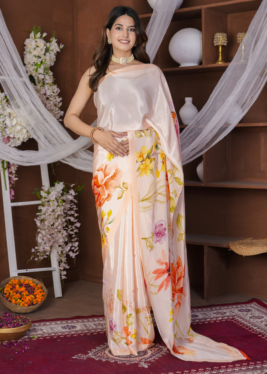 Velora: Peachy Floral Viscose Crepe Printed Saree