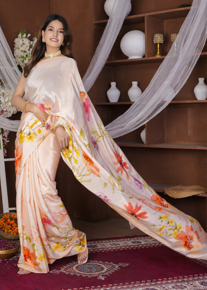 Velora: Peachy Floral Viscose Crepe Printed Saree