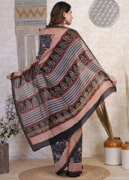 Neelrati: Blue & Red Kalamkari Pure Chanderi Saree
