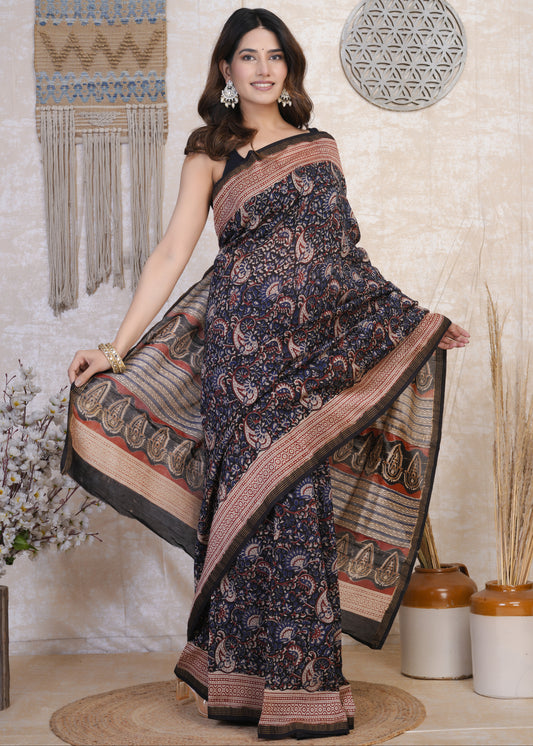 Neelrati: Blue & Red Kalamkari Pure Chanderi Saree