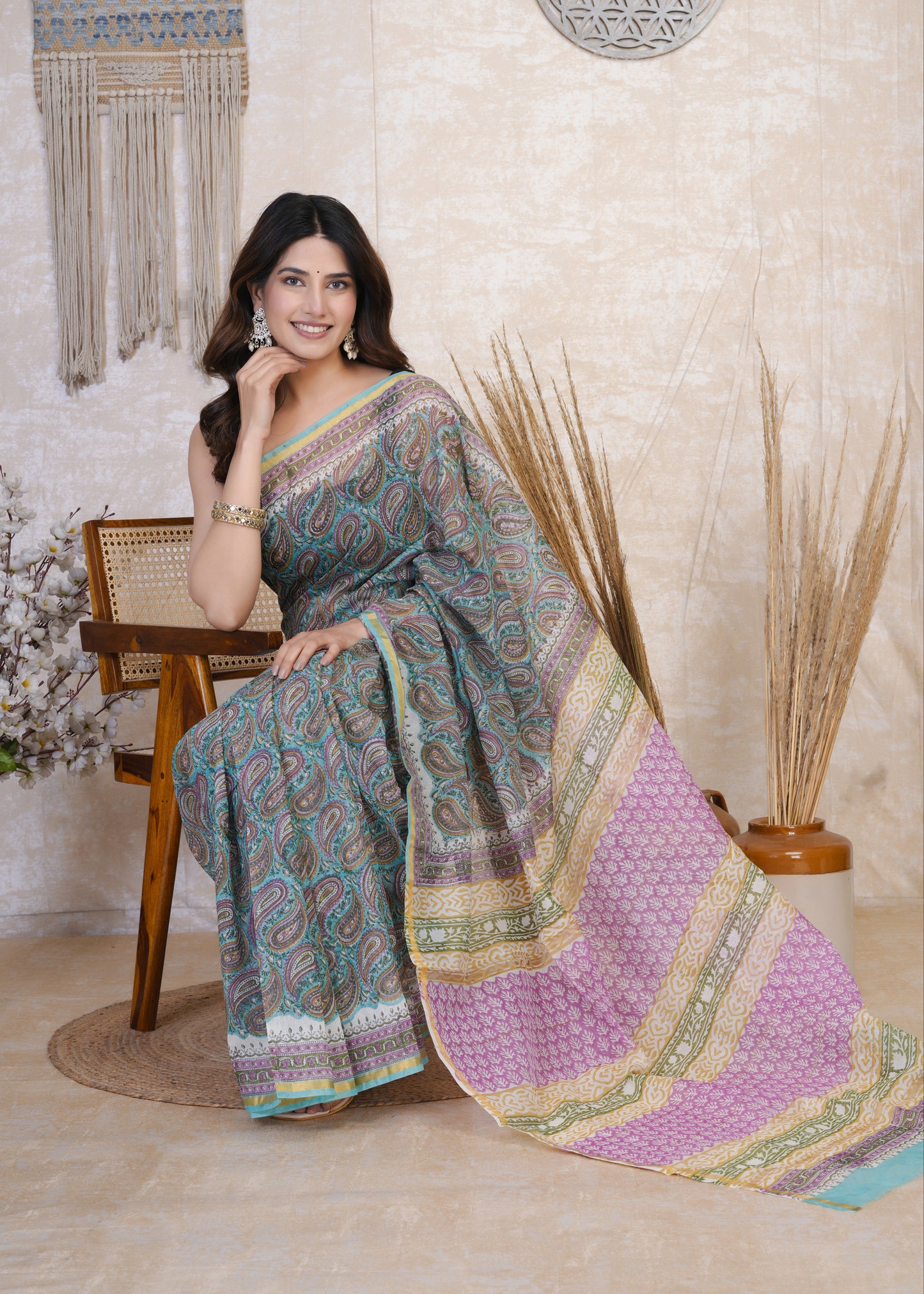 Neelakshi: Blue & Pink Semi Chanderi Saree