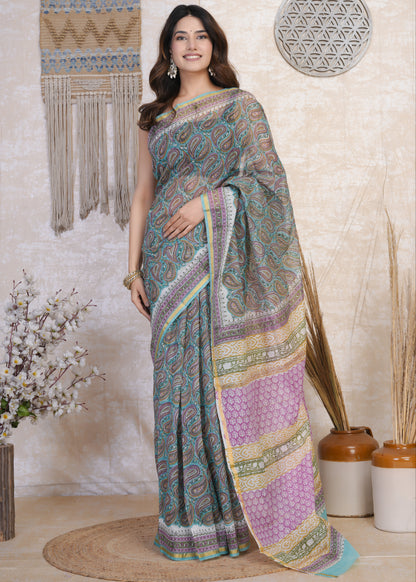 Neelakshi: Blue & Pink Semi Chanderi Saree