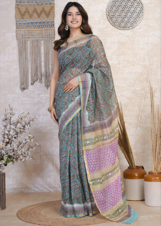 Neelakshi: Blue & Pink Semi Chanderi Saree