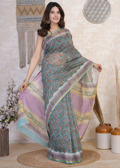 Neelakshi: Blue & Pink Semi Chanderi Saree