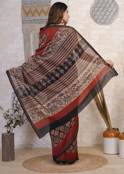 Kaashini: Black & Red Kalamkari Pure Chanderi Saree