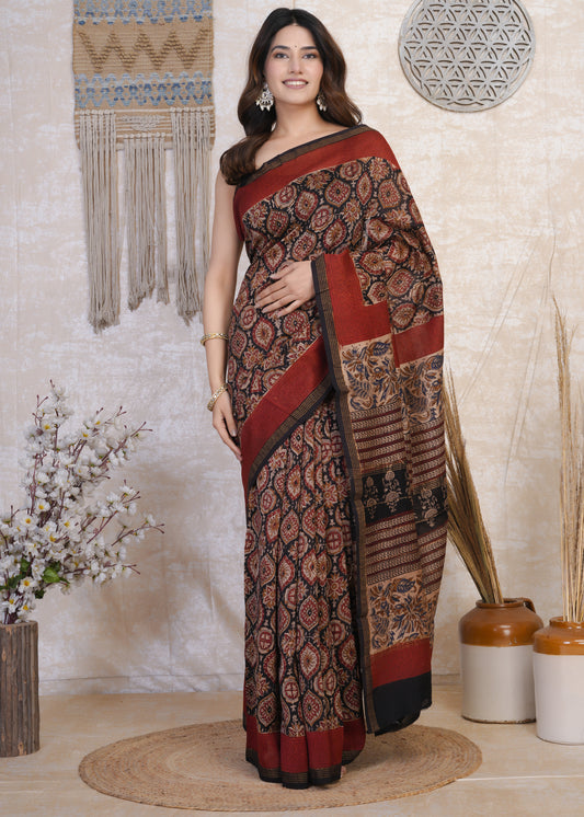 Kaashini: Black & Red Kalamkari Pure Chanderi Saree