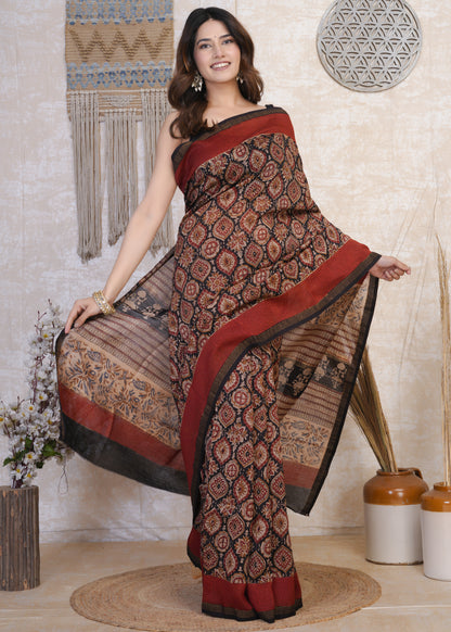 Kaashini: Black & Red Kalamkari Pure Chanderi Saree