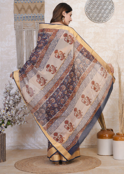 Indrani: Blue & Red Brod Border Chanderi