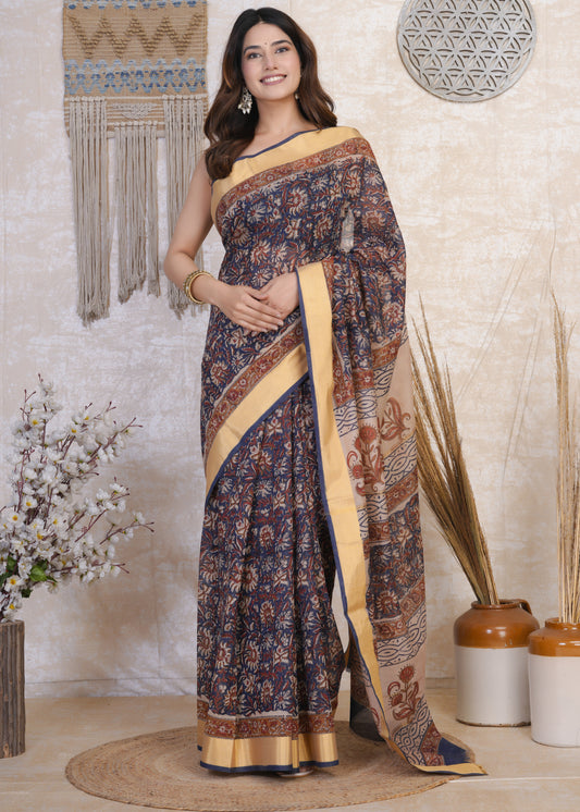 Indrani: Blue & Red Brod Border Chanderi
