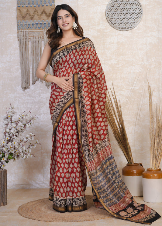 Ragini: Persian Red Bagru Maheshwari Silk Saree