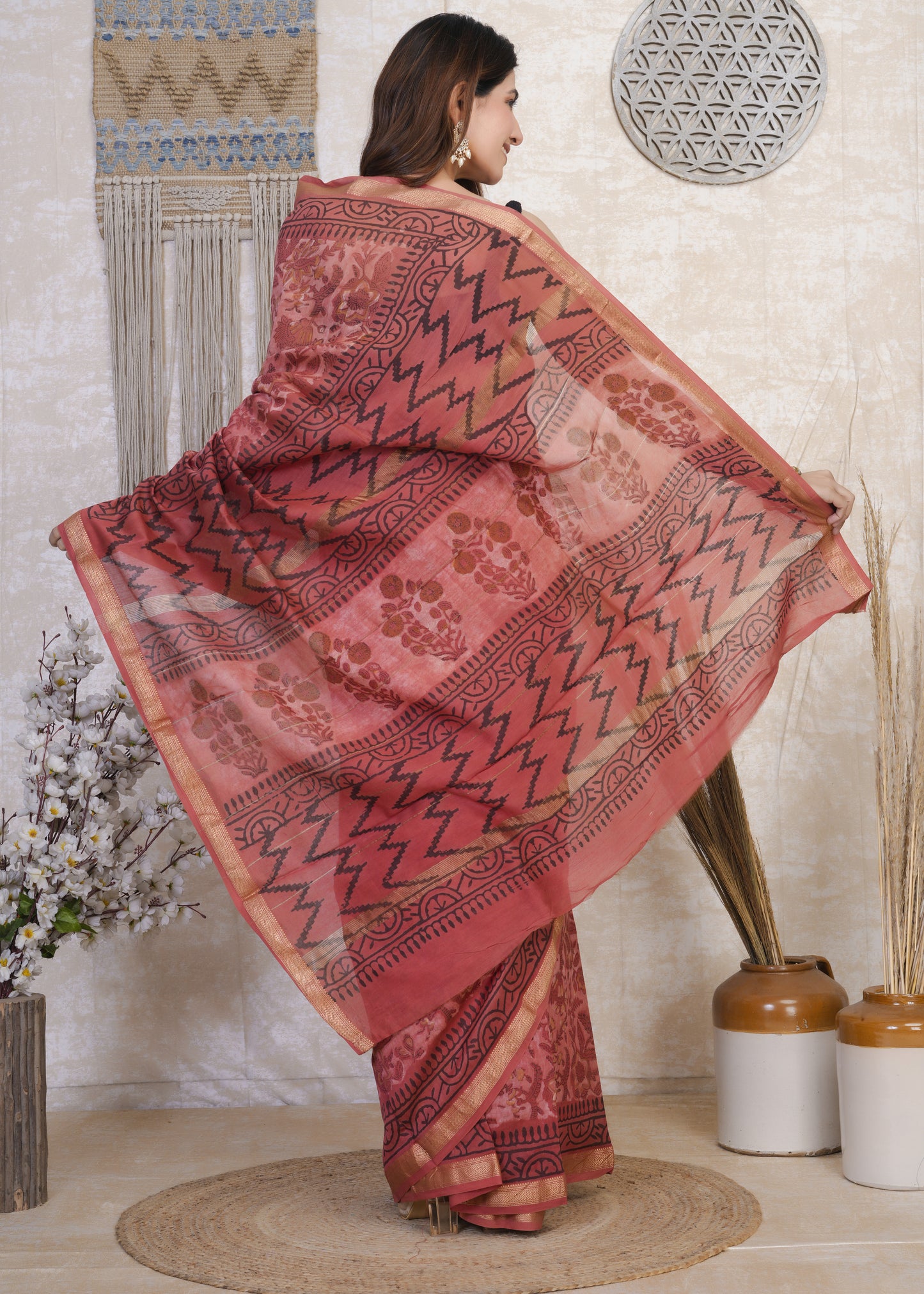 Lalita: Red Ajrak Maheshwari Silk Saree