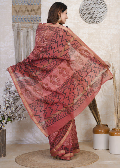 Lalita: Red Ajrak Maheshwari Silk Saree