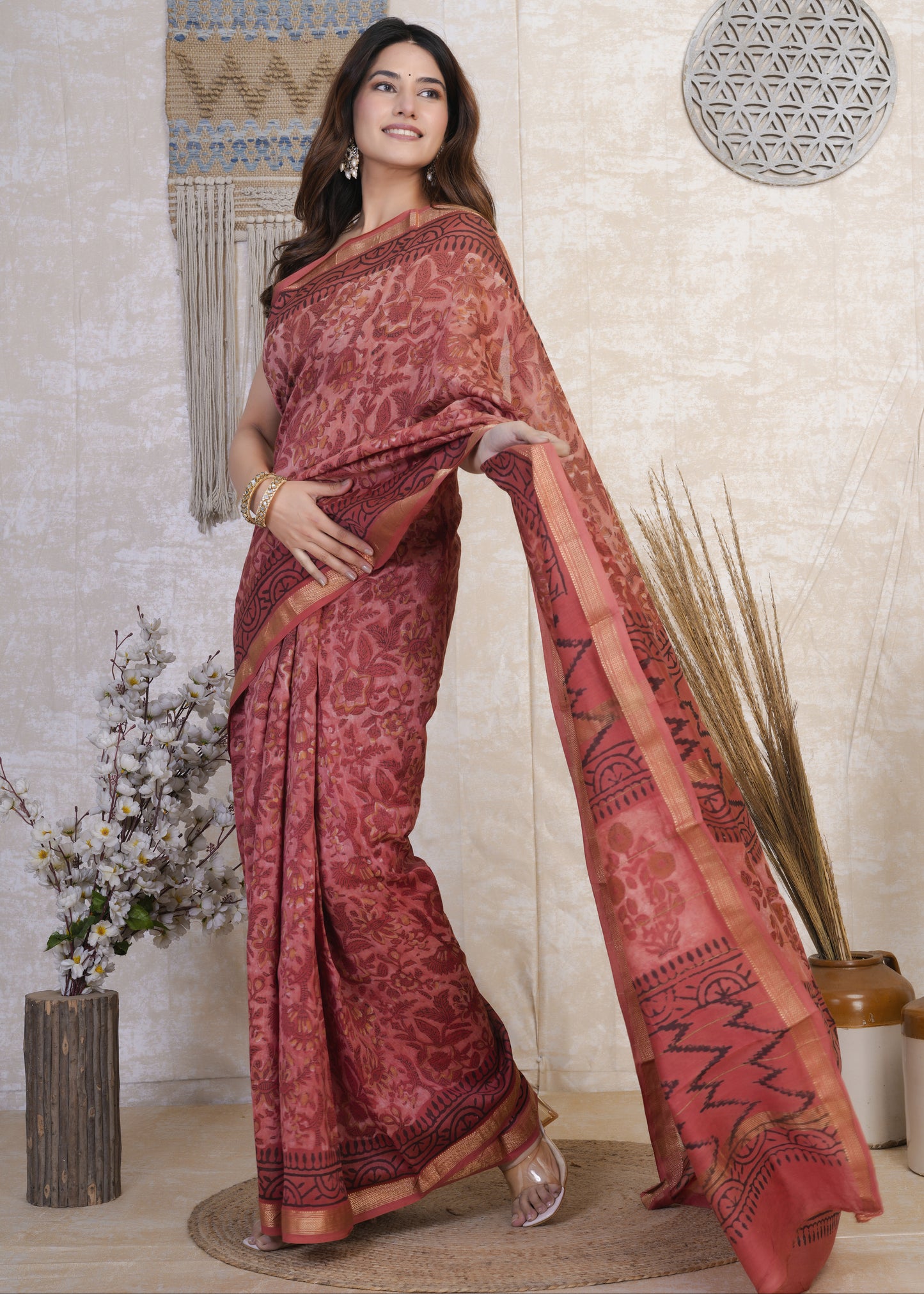 Lalita: Red Ajrak Maheshwari Silk Saree