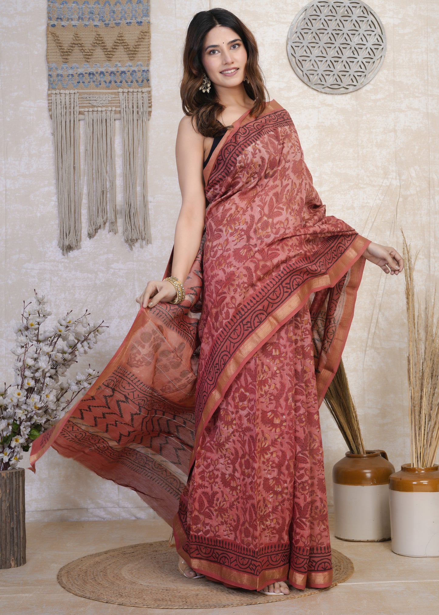 Lalita: Red Ajrak Maheshwari Silk Saree