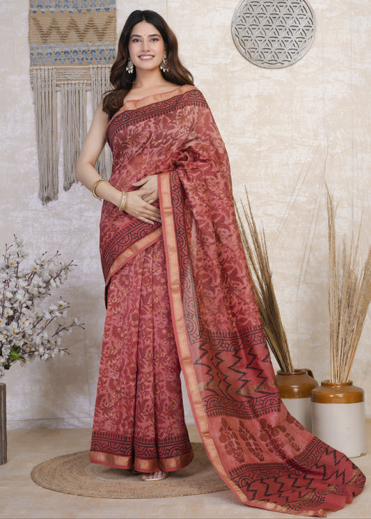 Lalita: Red Ajrak Maheshwari Silk Saree