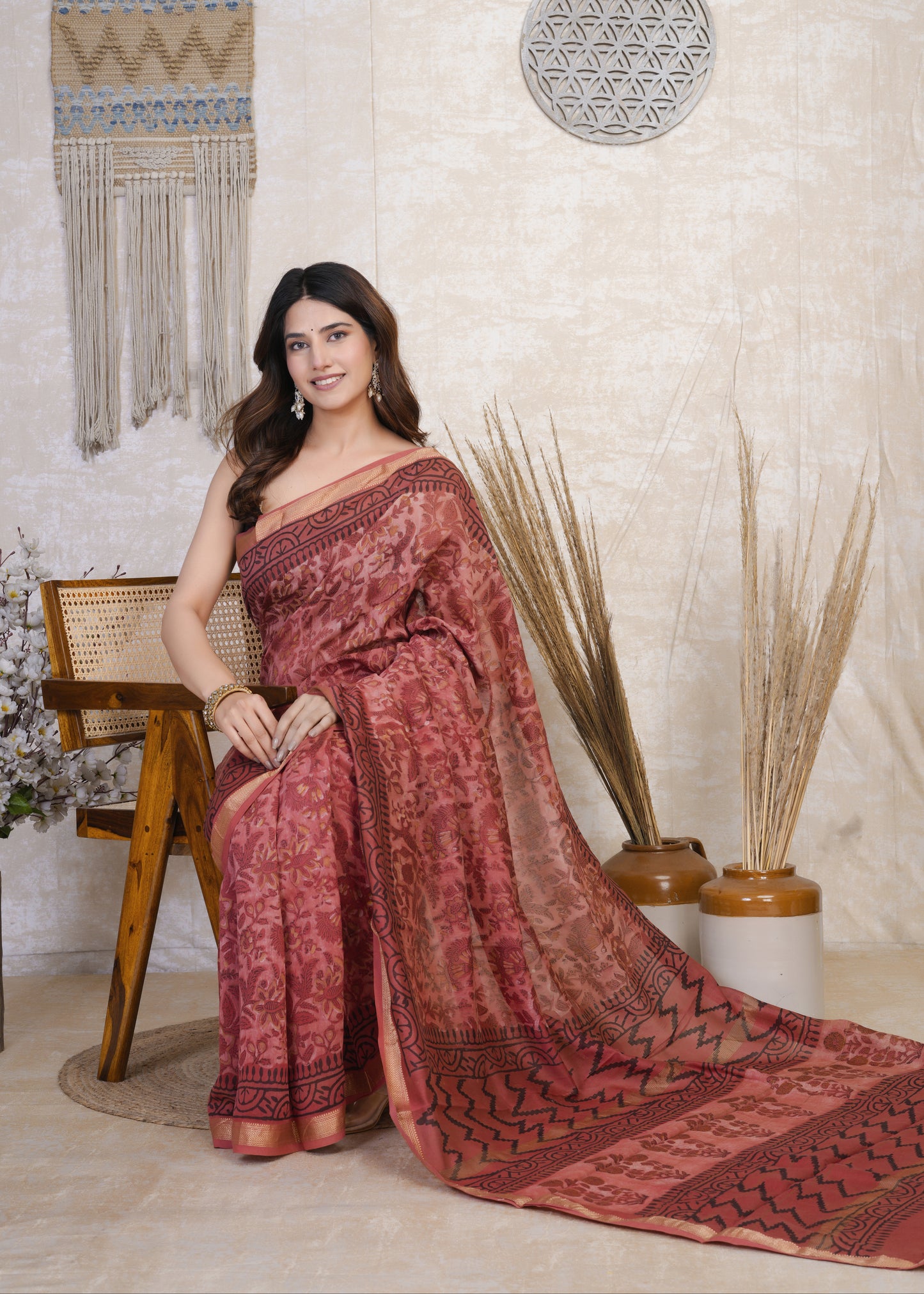 Lalita: Red Ajrak Maheshwari Silk Saree