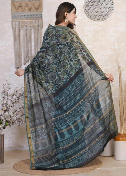 Monali: Blue Ajrak Pure Maheshwari Silk Saree