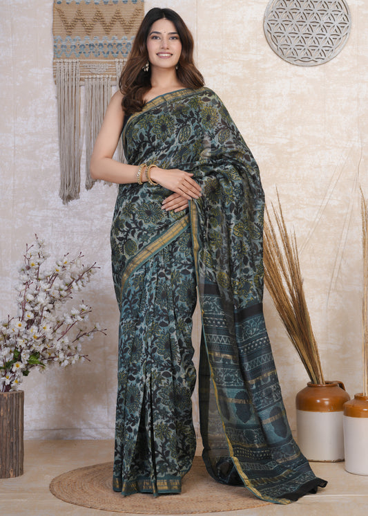 Monali: Blue Ajrak Pure Maheshwari Silk Saree