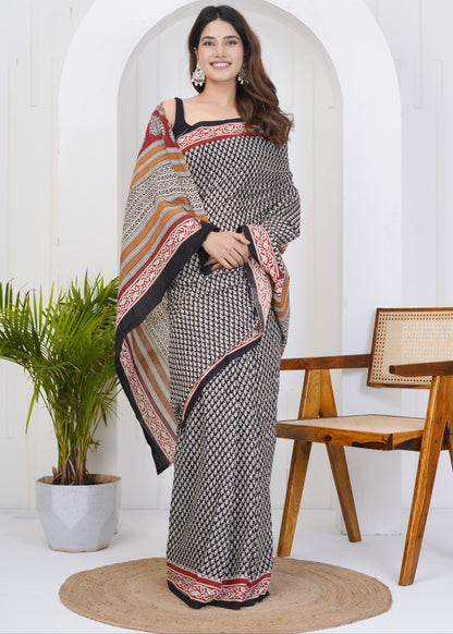 Aabha: Bagru Pure Mul Cotton Saree