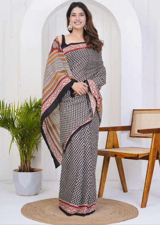 Aabha: Bagru Pure Mul Cotton Saree